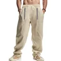 Loose fit men's linen casual pants with ethnic bohemian pattern detailing - Khaki