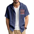 Men's summer breathable blue linen hooded short sleeve shirt with ethnic pattern pocket. - S / Navy Blue