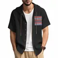 Casual black short-sleeved linen hooded shirt for men with colorful ethnic pattern pocket - S / Tops / Black