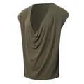 Solid olive green men's sleeveless cowl neck vest with loose drape front design - S / Tops / Green