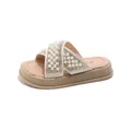 Elegantes sandalias tipo pala para niña con tiras cruzadas de perlas y pedrería - Talla 21 Longitud Interior 13.8cm / Beige
