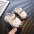Baby girl summer sandals with pearl strap and embroidered heart flowers soft sole - Beige