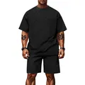 Detailoverzicht van zwarte jacquard geruite heren t-shirt en korte broek vrijetijdsset - S / Boven- En Onderstuk / Zwart