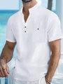Vue détaillée d'une chemise blanche en lin pour homme avec col mao et de boutons. - S / Hauts / Blanc