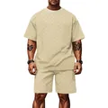 Heren zomerset met jacquard geruit T-shirt met korte mouwen en bijpassende short - S / Boven- En Onderstuk / Khaki