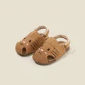Toddler summer walking sandals in brown suede featuring cute cartoon cat face design - Size 22 (Inner Length 14.5cm) / Yellow