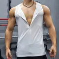 Slim fit white ribbed Henley tank top for men gym wear and summer sports activities - S / Tops / White