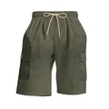 Detail of olive green corduroy cargo shorts featuring elastic waistband and drawstring - Army Green