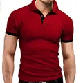 Modern slim fit red polo shirt for men featuring black contrast trim and button collar - S / Tops / Wine Red and Black