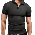 Close-up of a men's slim fit dark grey short sleeve polo shirt with black ribbed cuffs. - Dark Grey with Black