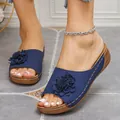Close-up of navy blue floral wedge sandals with laser-cut detailing and white stitching - 36 / Blue