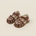 Elegant brown baby girl closed-toe sandals with bow detail and velcro strap for toddlers - Size 23 (Inner Length 15.5cm) / Bow Turban Style / Brown
