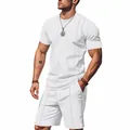Men's white waffle knit summer set with loose fit T-shirt and drawstring shorts - S / Top And Bottom / White