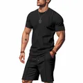 Men's black waffle knit t-shirt and shorts set with a relaxed fit for summer style - S / Top And Bottom / Black