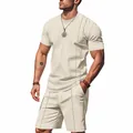 Men's ivory waffle knit summer set featuring short sleeve t-shirt and matching shorts - Khaki / S