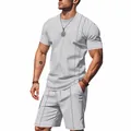 Men's stylish light grey waffle knit summer set with short sleeve tee and drawstring shorts - S / Top And Bottom / Light Gray