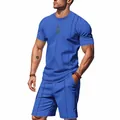Men's royal blue waffle knit short sleeve crewneck t-shirt and shorts summer set - S / Top And Bottom / Blue