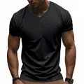 Close-up of a black men's Henley T-shirt with breathable quick-dry fabric fit - S / Tops / Black
