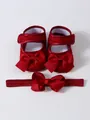 Close-up detail of red lace infant shoes with large bows and matching headband set - Size 11 (Inner Length 10.5CM) / Bow Shoes Headband Set / Burgundy