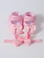 Newborn baby girl pink soft-sole princess shoes with matching ribbon bow headband - Size 11 (Inner Length 10.5CM) / Bow Shoes Headband Set / Pink