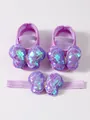 Conjunto de zapatos de princesa para bebé morados y diadema con lazo de mariposa lentejuela - Púrpura