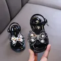 Elegant girls' black princess sandals with a sparkling rhinestone floral bow for summer - 21 / Black