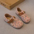 Charming pink floral pattern toddler girl flats with brown leather buckle straps - Size 23 Inner Length 14.7cm / Pink
