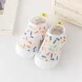 Breathable white mesh baby walking shoes with colorful print and soft sole - Inner Length 12.5cm / Yellow
