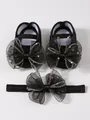 Detailansicht Baby-Prinzessin-Schuhe und Stirnband-Set mit großen Netzschleifen - Größe 11 (Innenlänge 10,5 CM) / Gekettelter Knotenstil (202202) / Mit Stirnband / Schwarz