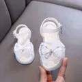 Elegant white princess sandals for girls featuring a large sparkling rhinestone bow - 21 / Off White