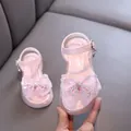 Elegant pink girls princess sandals with sparkling rhinestone bow and mesh accent for summer - 21 / Pink