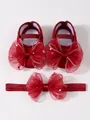 Rote Baby-Prinzessinenschuhe und Stirnband-Set mit großen Schleifen und silbernen Sternen - Größe 11 (Innenlänge 10,5 CM) / Gekettelter Knotenstil (202202) / Mit Stirnband / Burgunderrot