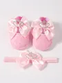 Pink lace baby princess shoes and headband set with satin bows and rhinestone crowns - Crown Bowknot Style (With Headband) / Size 11 (Inner Length 10.5CM) / Pink