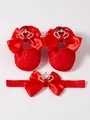 Red lace baby shoes and headband set featuring large satin bows with rhinestone crowns - Crown Bowknot Style (With Headband) / Size 11 (Inner Length 10.5CM) / Red