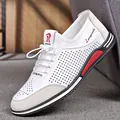 White hollowed-out leather casual shoes for men with red accents and soft sole - Hollow White