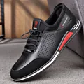 Black men's breathable hollow-out casual leather shoes with comfortable soft sole - Hollow Black