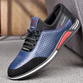 Breathable men's blue and black casual perforated leather shoes with hollow design - Hollow Blue