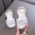 Elegant girls' white princess sandals featuring a sparkling rhinestone bow and ankle strap - 21 / Off White