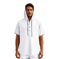 Men's white linen short-sleeve hooded Henley shirt detail for summer beach casual wear. - S / Tops / White
