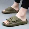 Men's olive green genuine leather slides with thick non-slip soft sole and Fashion strap - 38 / Green