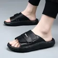 Premium black genuine leather men's slides with thick anti-slip sole for outdoor use - 38 / Black (356)