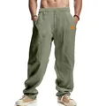 Full view of men's breathable sage green linen wide-leg casual pants for summer beach wear - Army Green