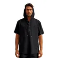 Men's casual black linen hooded Henley shirt with short sleeves perfect for beach wear. - S / Tops / Black