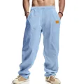 Detail of men's light blue breathable linen casual wide-leg beach trousers - Light Blue