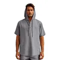 Men's casual grey short-sleeve linen hooded Henley shirt perfect for summer beach - S / Tops / Gray