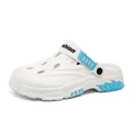Close-up of white outdoor travel clogs featuring blue accents and fashion strap design. - 38-39 / S1801 White