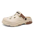 Close-up side view of beige outdoor clog shoes featuring a rotating 'Fashion' strap. - 38-39 / S1801 Khaki