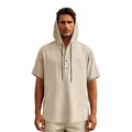 Front view of men's casual linen hooded Henley shirt with short sleeves and buttons. - Light Khaki