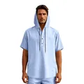 Detail shot of a men's light blue hooded linen Henley shirt for summer beach wear - Light Blue
