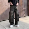 Jean baggy délavé vintage 2025 pour homme avec coupe ample et détails de couture uniques - Style à Poignets (1337-1)